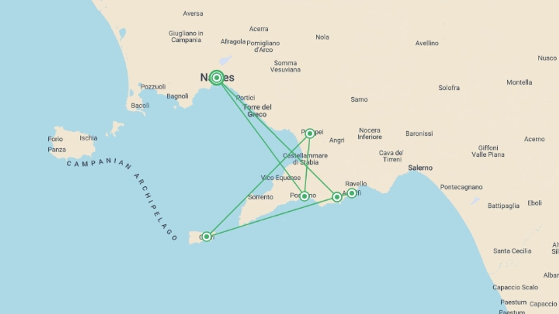 A map showing the tour itinerary for the trip: Amalfi Coast Walking - Hotel Risorgimento, starting in Naples, Italy and ending in Naples, Italy going through 5 other destinations.