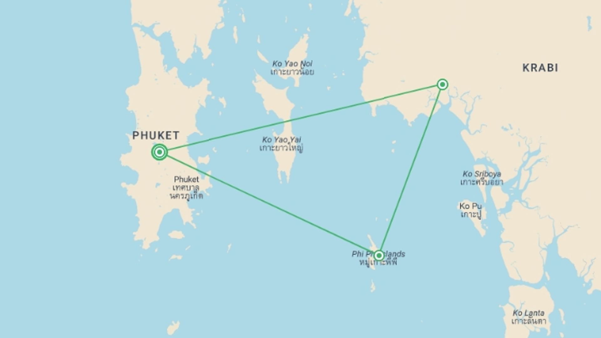 A map showing the tour itinerary for the trip: Thai Island Hopper West, starting in Phuket, Thailand and ending in Phuket, Thailand going through 2 other destinations.