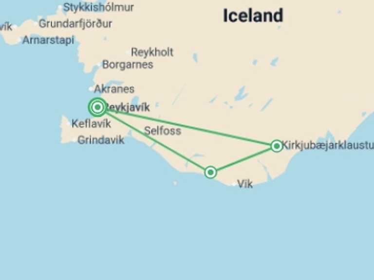 Map itinerary of Reykjavik Tour in Fall with 3 destination visits for the trip: Volcanoes & the Golden Circle - 4 days
