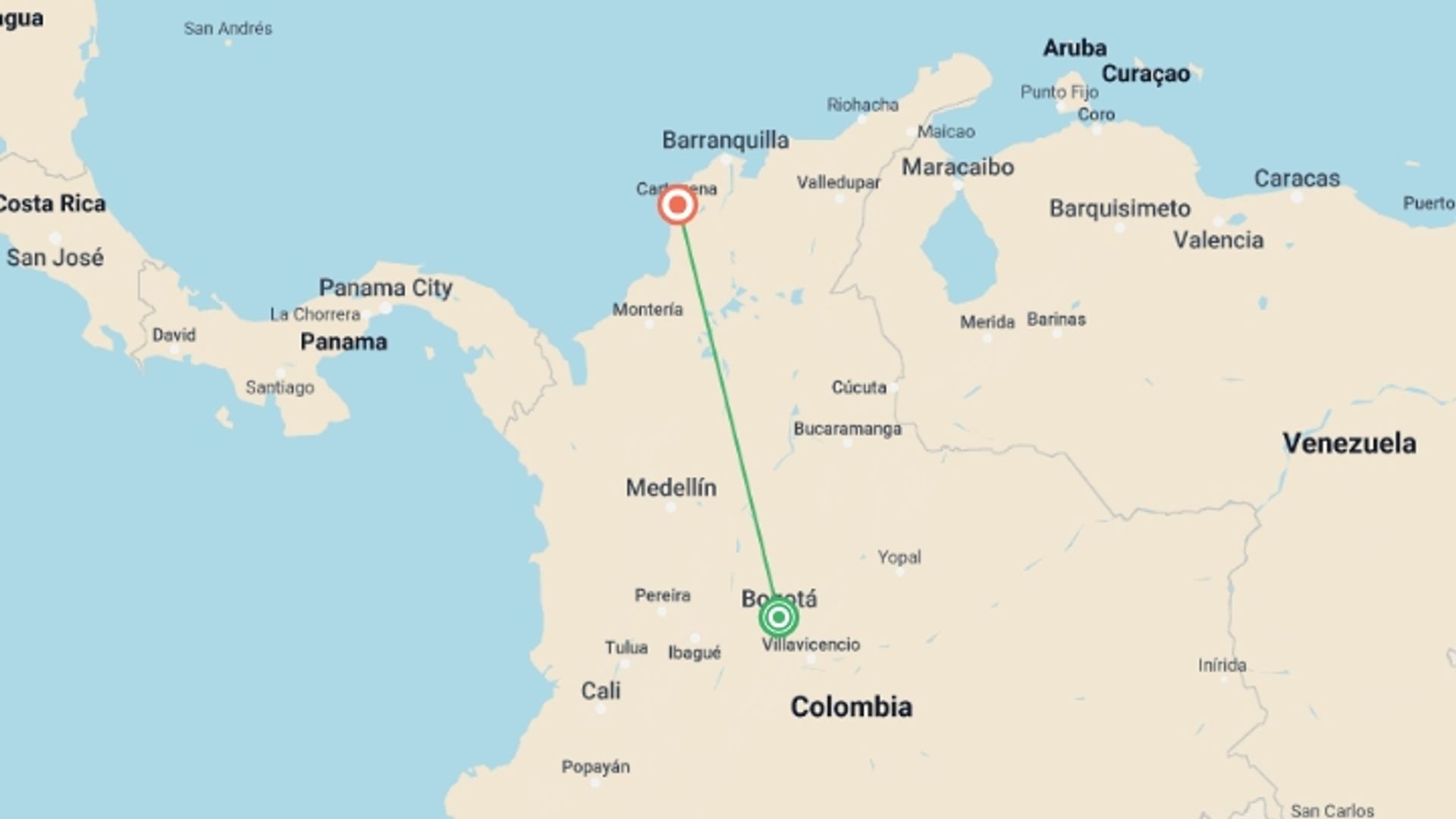 A map showing the tour itinerary for the trip: Marvelous Bogota and Cartagena, starting in Bogota, Colombia and ending in Cartagena, Colombia going through 0 other destinations.