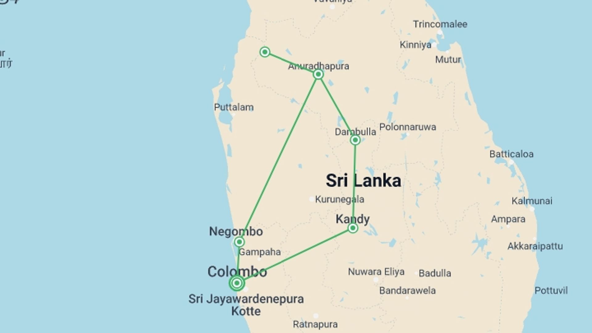 A map showing the tour itinerary for the trip: The Local Way - Sri Lanka, starting in Colombo, Sri Lanka and ending in Colombo, Sri Lanka going through 4 other destinations.