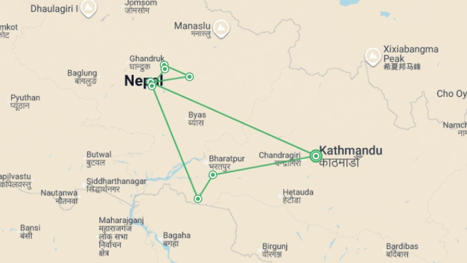 A map showing the tour itinerary for the trip: Nepal: Women's Expedition, starting in Kathmandu, Nepal and ending in Kathmandu, Nepal going through 7 other destinations.