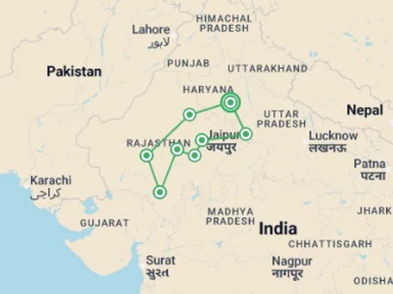 Map itinerary of India Tour in September 2027 with 8 destination visits for the trip: Rajasthan: Laneways & Local Villages