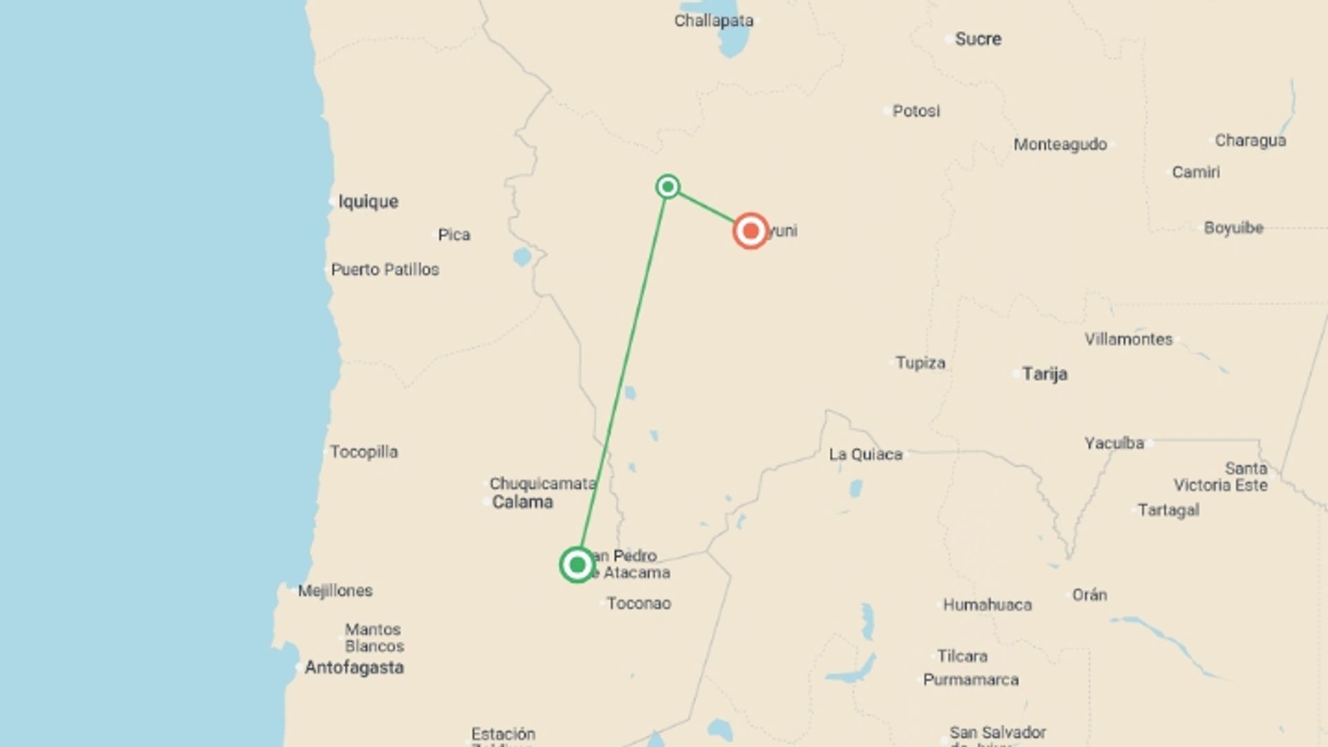 A map showing the tour itinerary for the trip: Uyuni Salt Flats & Desert Adventure 3D/2N (Atacama to Uyuni), starting in San Pedro De Atacama, Chile and ending in Uyuni, Bolivia going through 2 other destinations.