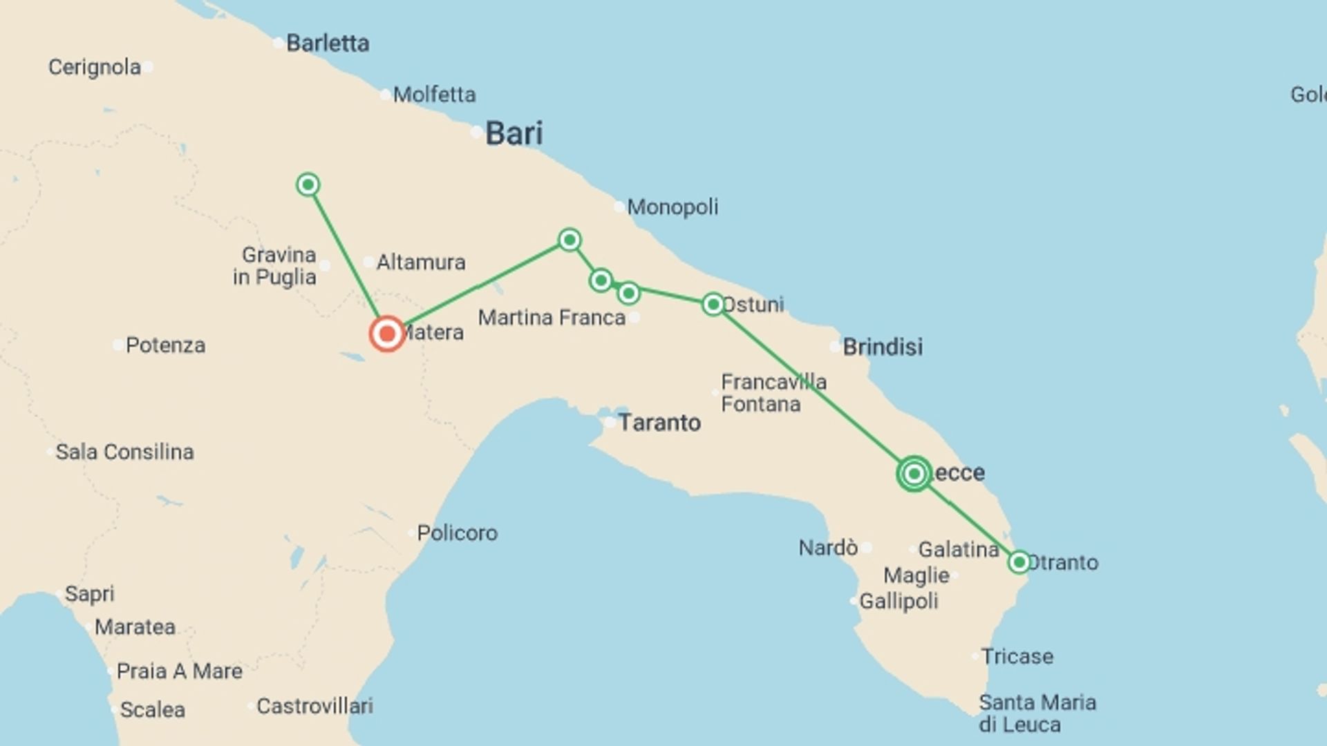 A map showing the tour itinerary for the trip: Puglia Guided Walk, starting in Lecce, Italy and ending in Matera, Italy going through 2 other destinations.