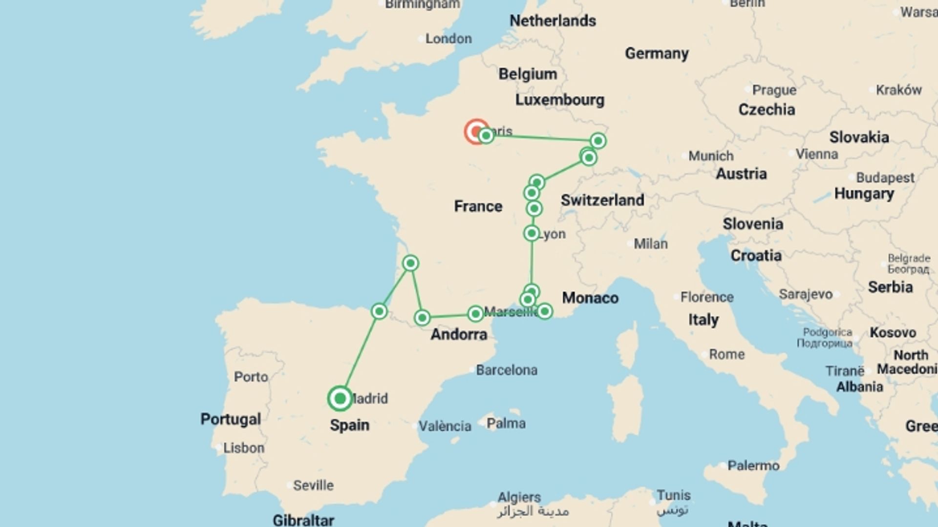 A map showing the tour itinerary for the trip: Spain, south of France, Burgundy and Alsace, starting in Madrid, Spain and ending in Paris, France going through 6 other destinations.