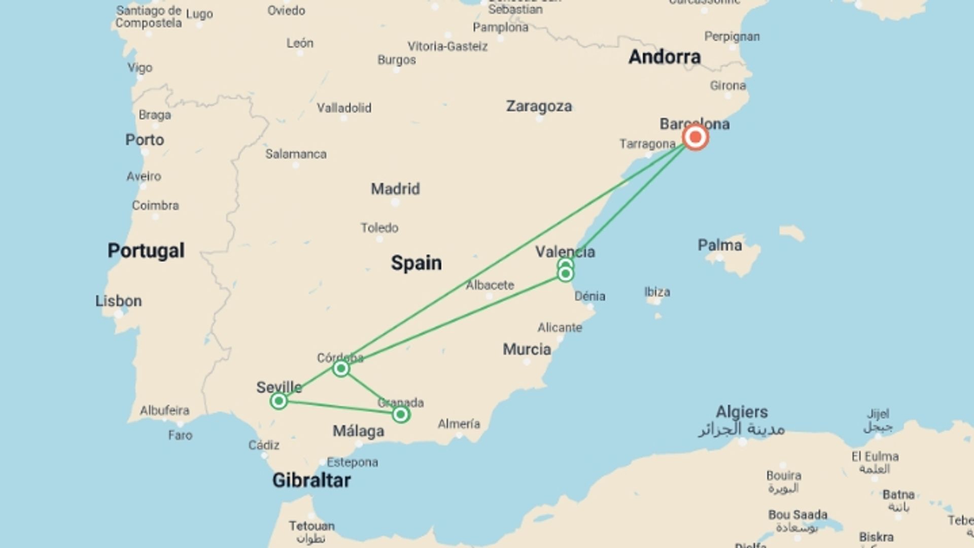 A map showing the tour itinerary for the trip: Mediterranean & Andalusian Spain, starting in Barcelona & Catalonia, Spain and ending in Barcelona, Spain going through 7 other destinations.