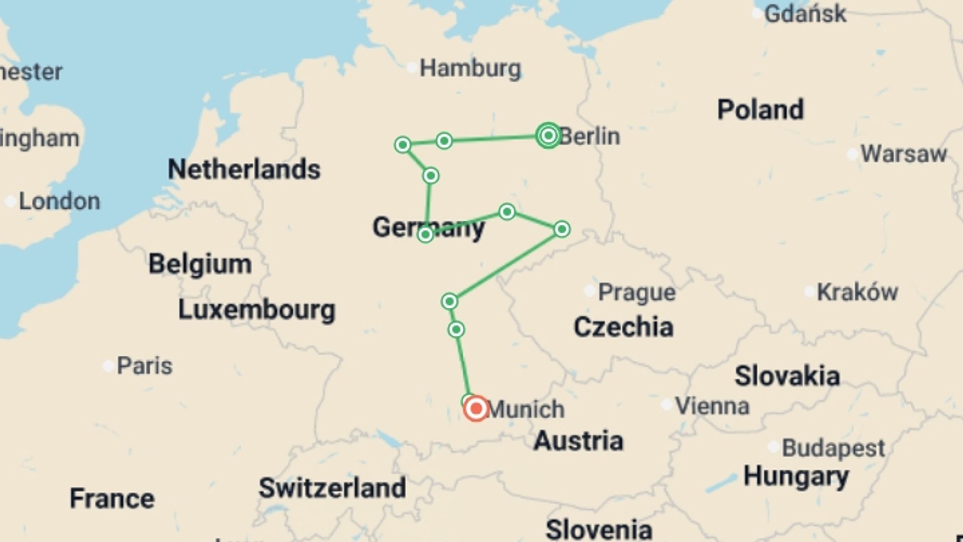 A map showing the tour itinerary for the trip: Authentic Germany with Berlin, starting in Berlin, Germany and ending in Munich, Germany going through 4 other destinations.