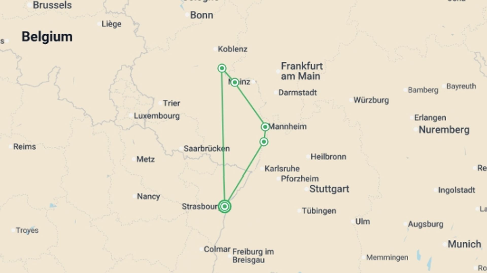 A map showing the tour itinerary for the trip: New Year on the Rhine: The romantic Rhine and its castles (port-to-port cruise), starting in Strasbourg, France and ending in Strasbourg, France going through 2 other destinations.