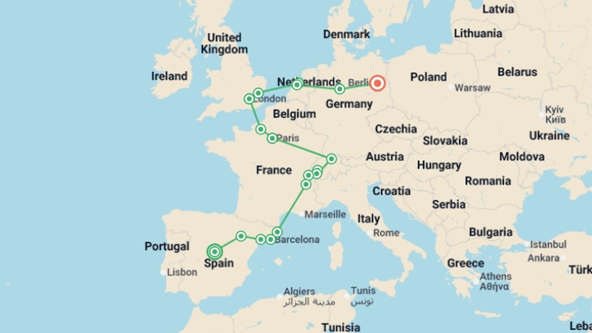 A map showing the tour itinerary for the trip: Best European Holidays, starting in Madrid, Spain and ending in Berlin, Germany going through 10 other destinations.