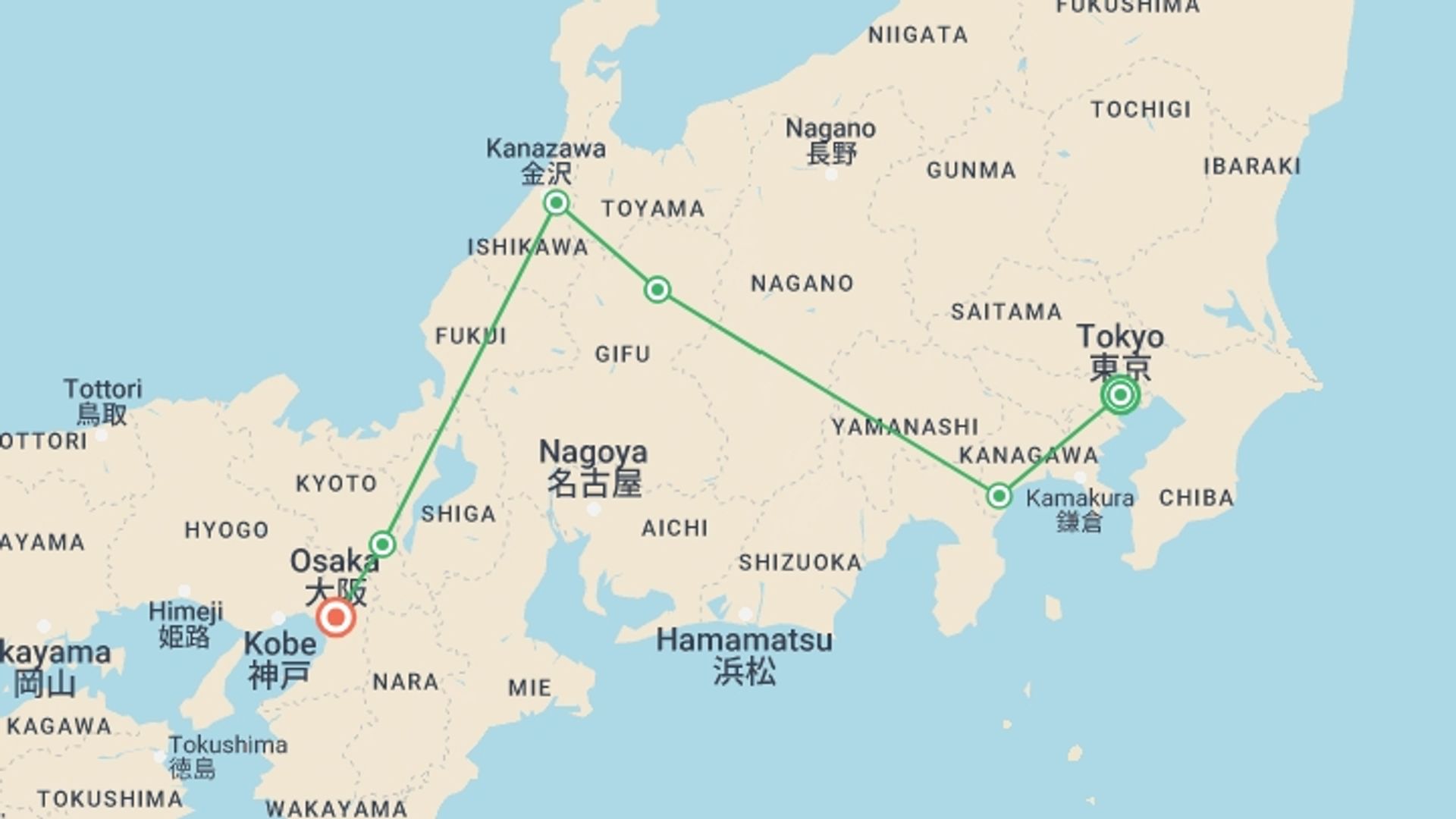 A map showing the tour itinerary for the trip: Highlights of Japan, starting in Tokyo, Japan and ending in Osaka, Japan going through 4 other destinations.