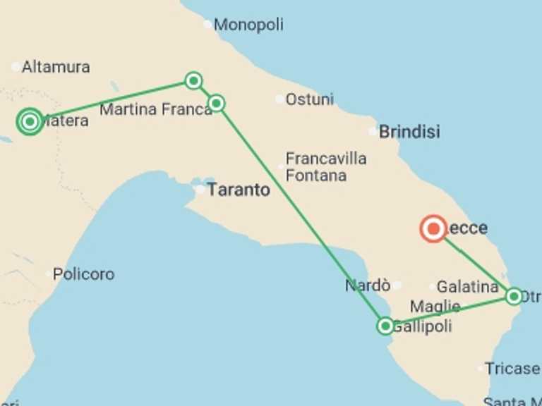 Map itinerary of Italy Tour in June 2026 with 6 destination visits for the trip: Cycling Puglia & Matera