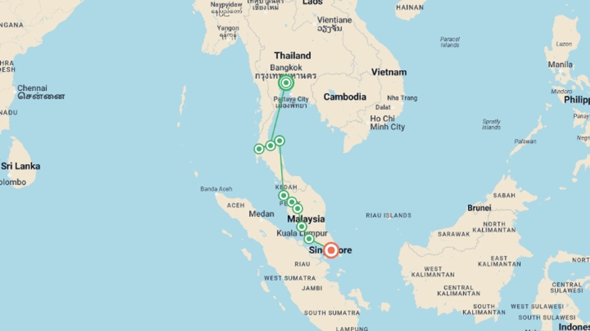 A map showing the tour itinerary for the trip: Bangkok to Singapore: Jungle Hikes & Island Nights, starting in Bangkok, Thailand and ending in Singapore, Singapore going through 8 other destinations.
