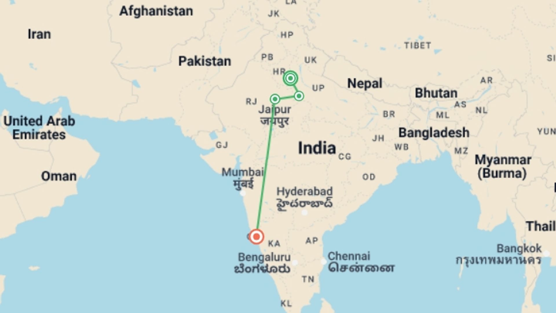 A map showing the tour itinerary for the trip: Golden Triangle With Goa, starting in New Delhi, India and ending in Goa, India going through 2 other destinations.