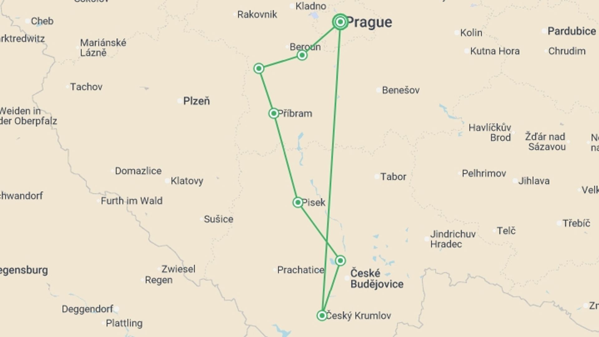 A map showing the tour itinerary for the trip: Czech Castles Cycle, starting in Prague, Czech Republic and ending in Prague, Czech Republic going through 6 other destinations.