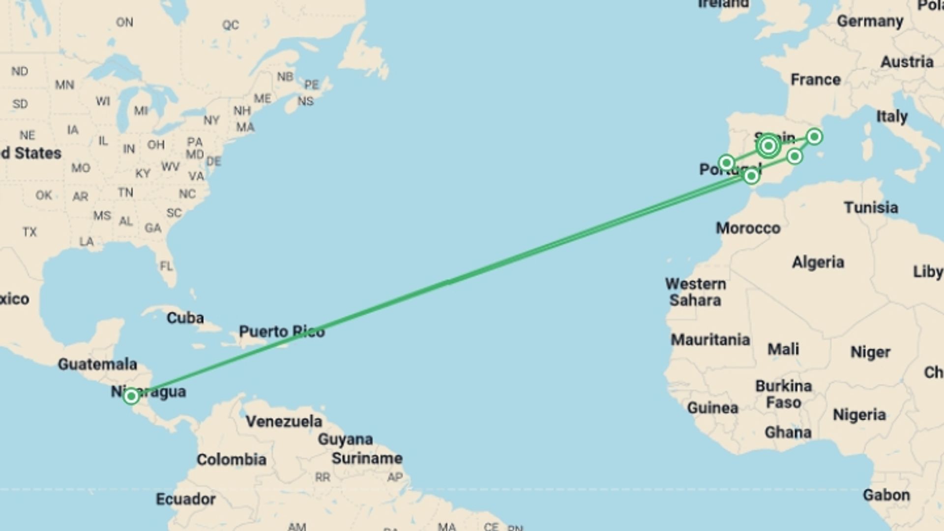 A map showing the tour itinerary for the trip: Great Iberian Route GO  (without Alhambra), starting in Madrid, Spain and ending in Madrid, Spain going through 5 other destinations.