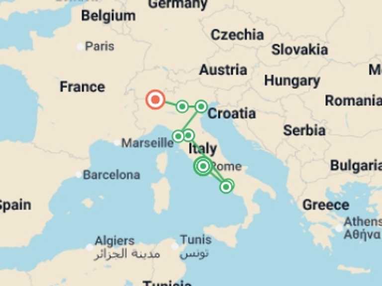 Map itinerary of Europe Tour in Fall with 6 destination visits for the trip: Italian Vistas 