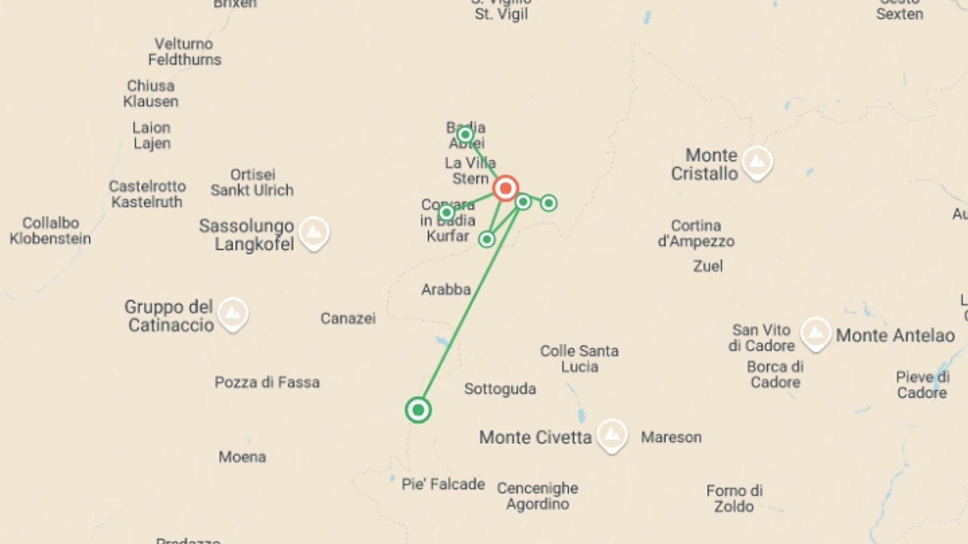 A map showing the tour itinerary for the trip: Walking the Dolomites of Alta Badia, starting in Dolomites, Italy and ending in San Cassiano, Italy going through 1 other destinations.