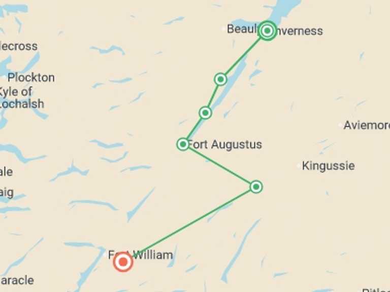 Map itinerary of Inverness Tour in Spring with 6 destination visits for the trip: Scotland Coast to Coast Walk and Barge