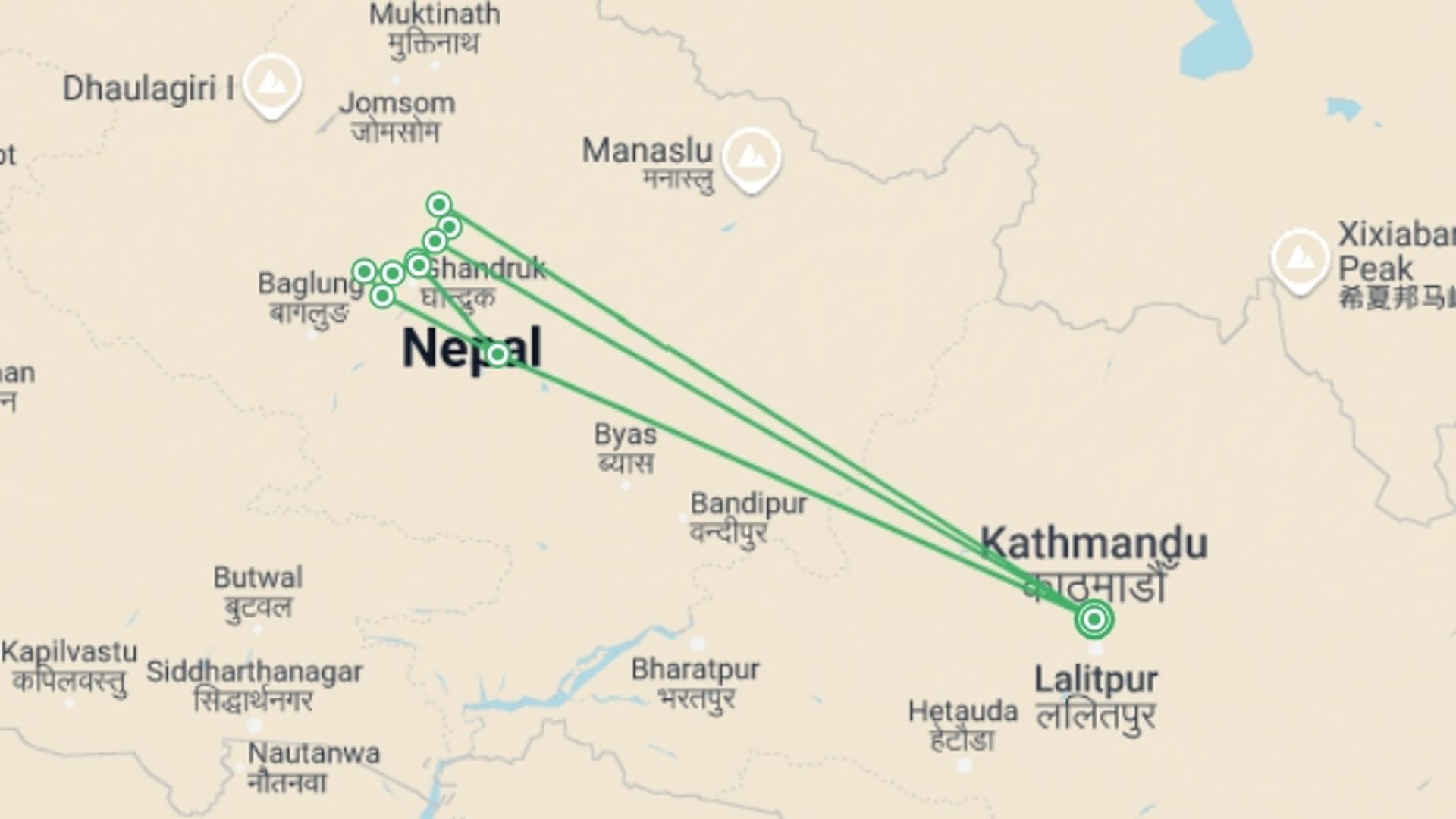A map showing the tour itinerary for the trip: Annapurna Base Camp Trek, starting in Kathmandu, Nepal and ending in Kathmandu, Nepal going through 10 other destinations.
