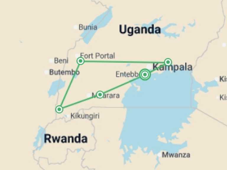 Map itinerary of Africa Tour in February 2027 with 5 destination visits for the trip: Essential Uganda: Gorillas and Chimps