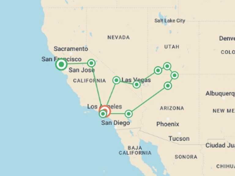 Map of a Road Tour with 11 destination visits for the trip: USA Road Trip: Big Cities & West Coast Parks