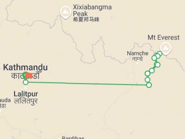 Map itinerary of Everest Base Camp trek Tour in June 2027 with 10 destination visits for the trip: Everest Base Camp Trek