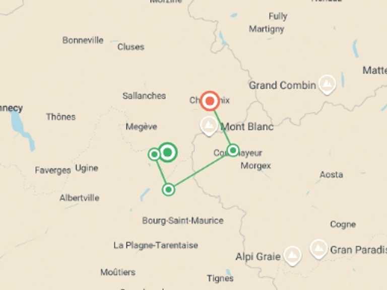 Map of Courmayeur Tour with 5 destination visits for the trip: Mont Blanc Hike 4D/3N