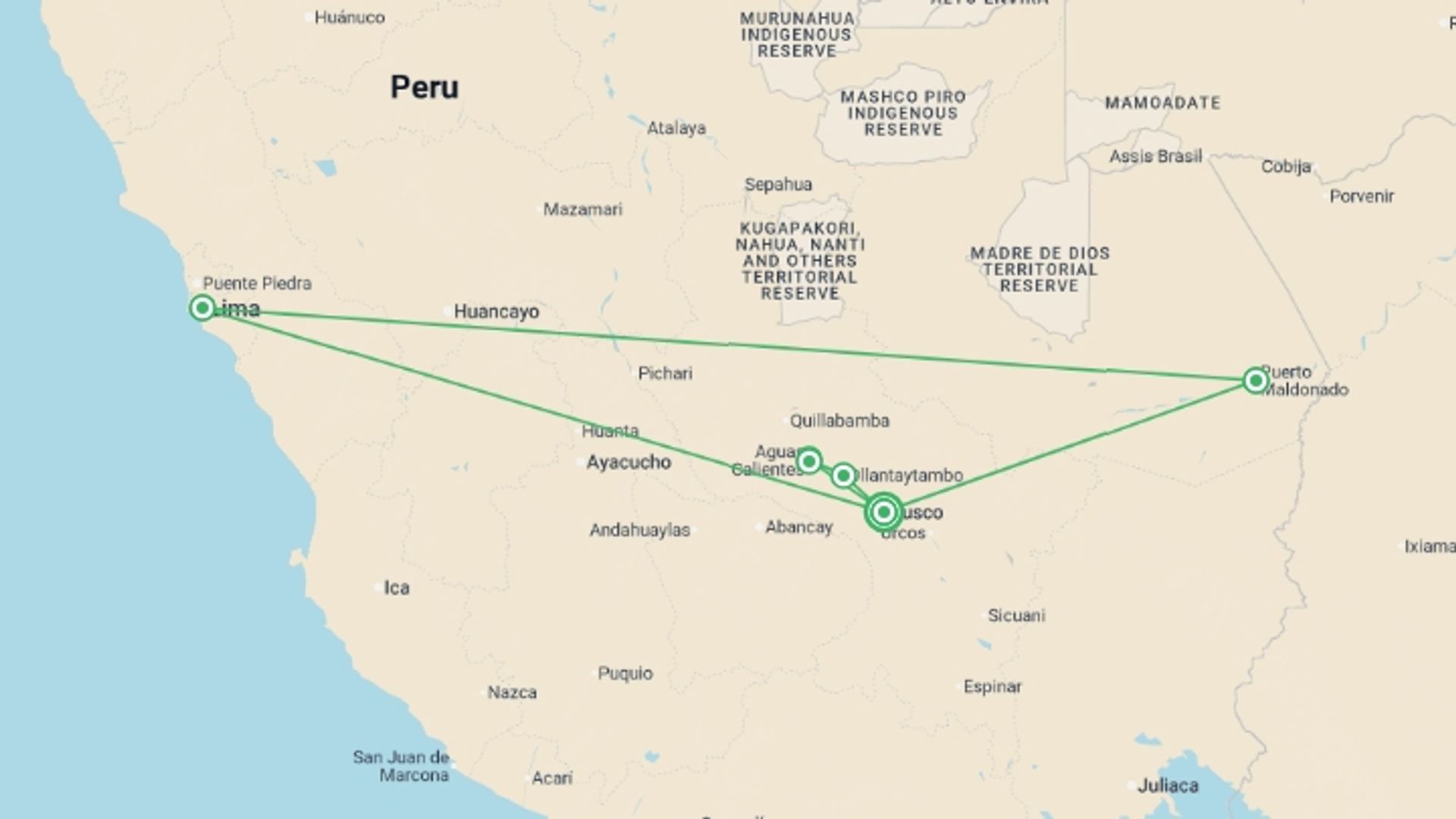 A map showing the tour itinerary for the trip: Peruvian Dream, starting in Cusco, Peru and ending in Cusco, Peru going through 2 other destinations.