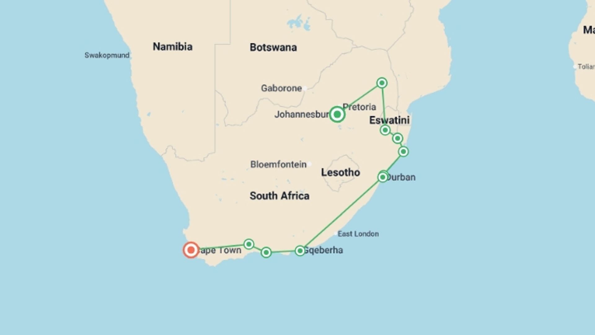 A map showing the tour itinerary for the trip: South Africa Grand Tour - 14 days, starting in Johannesburg, South Africa and ending in Cape Town, South Africa going through 7 other destinations.