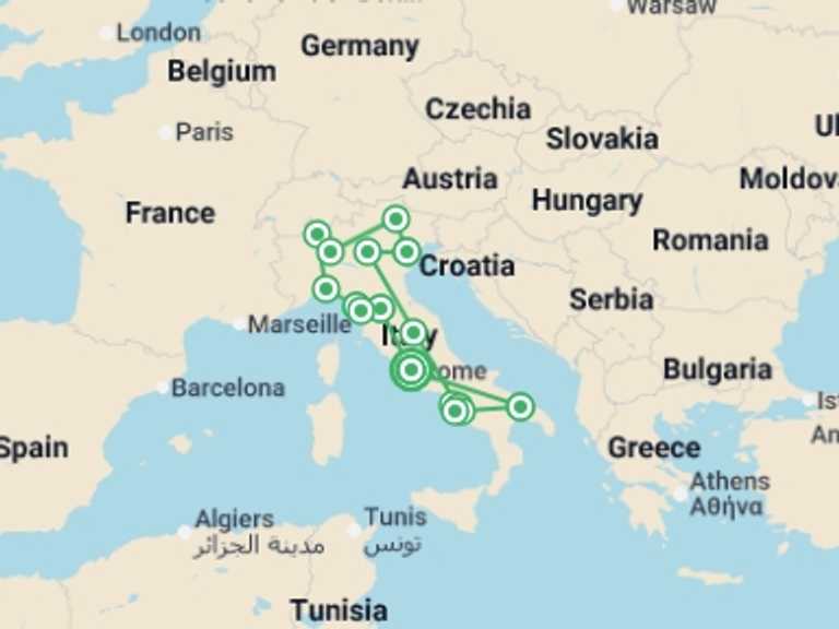Map itinerary of Italy Tour in June 2026 with 10 destination visits for the trip: Grand Italian Experience