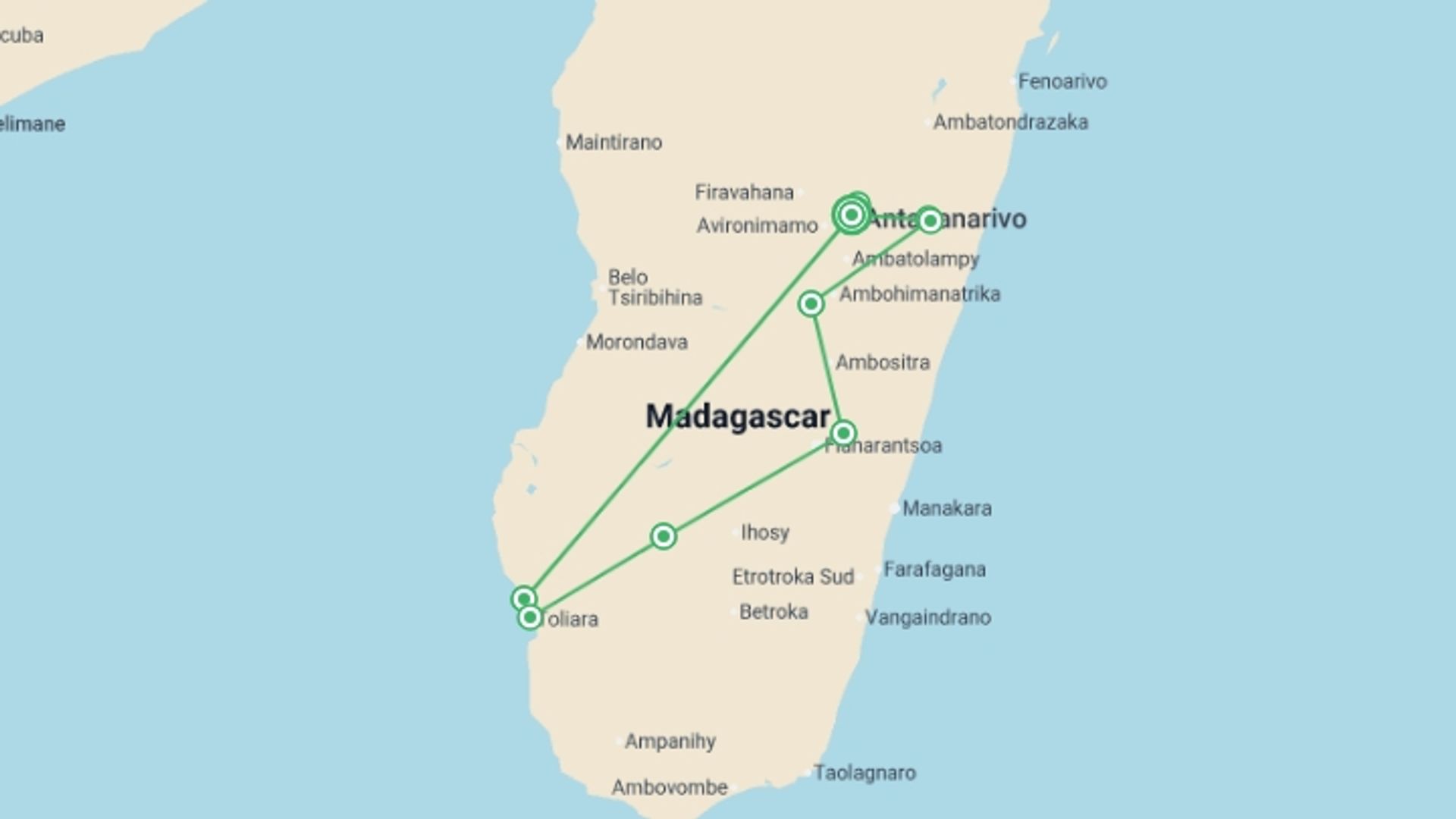 A map showing the tour itinerary for the trip: Madagascar: The Lost Continent, starting in Antananarivo, Madagascar and ending in Antananarivo, Madagascar going through 8 other destinations.