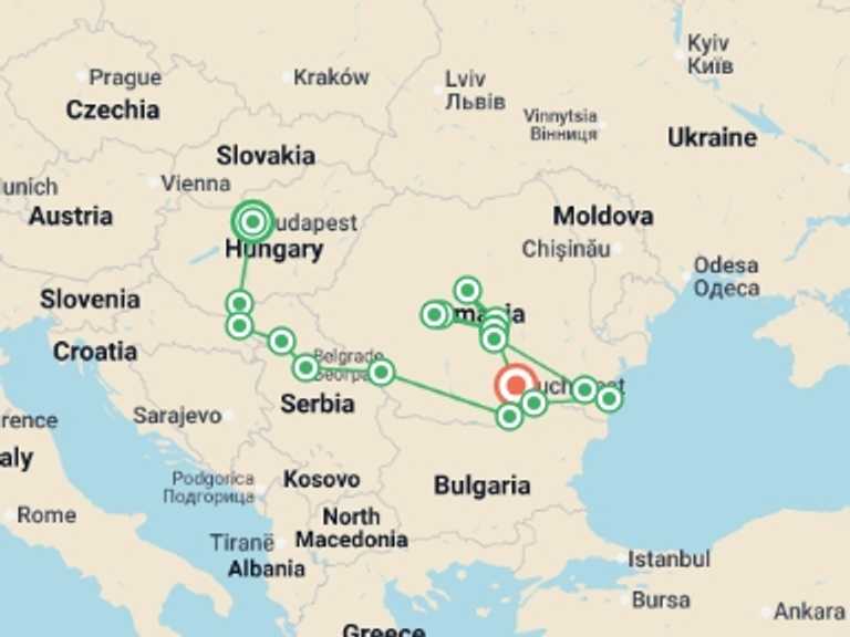 Map itinerary of Europe Tour in Fall with 10 destination visits for the trip: Along the river Danube, Budapest and the Balkan peninsula (port-to-port cruise)
