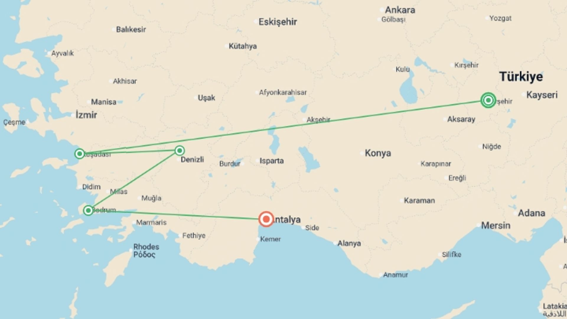 A map showing the tour itinerary for the trip: Turkey: See & experience it all in 11 days, Luxury Tour, starting in Goreme, Turkey and ending in Antalya, Turkey going through 4 other destinations.