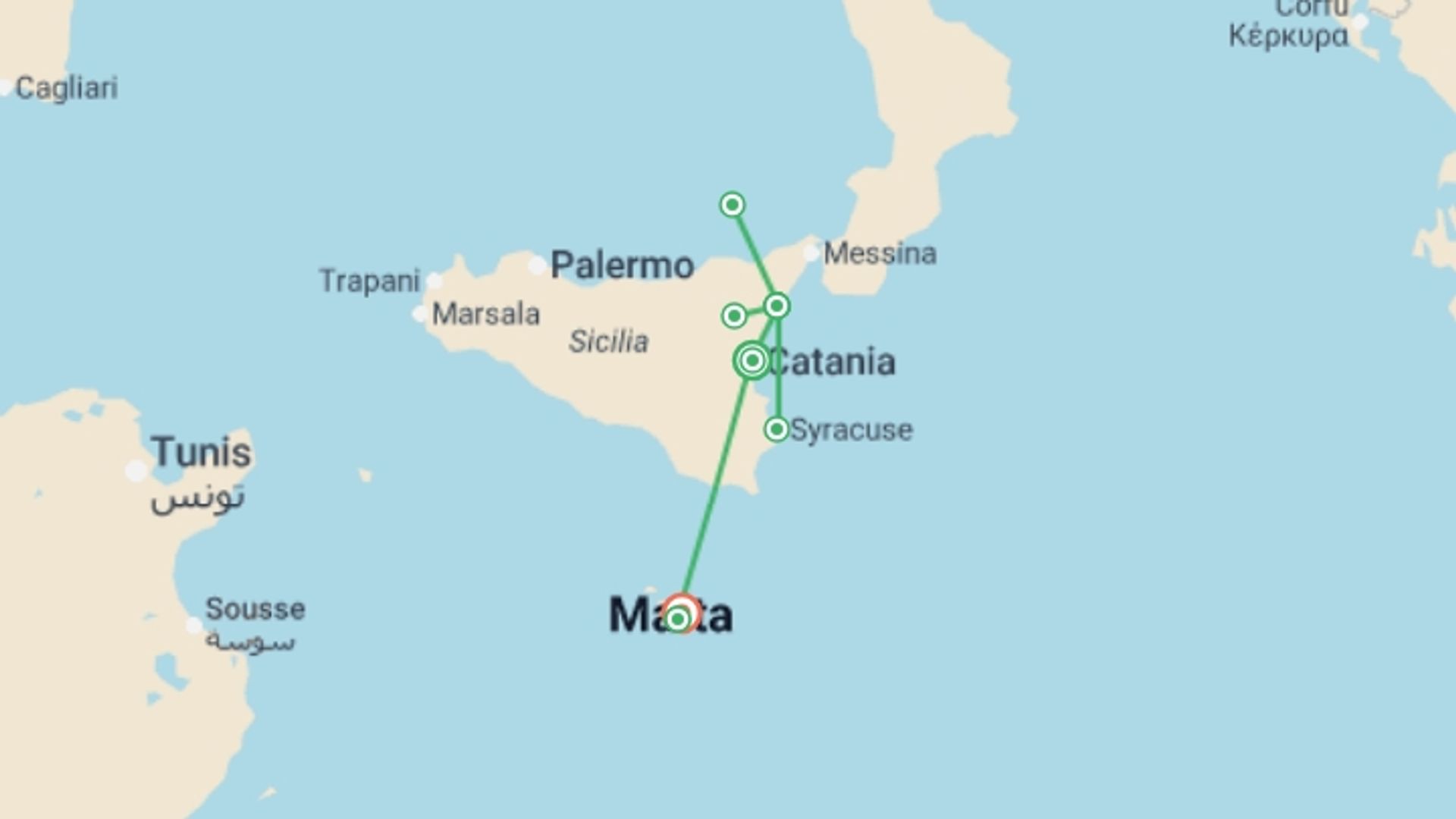 A map showing the tour itinerary for the trip: Treasures of Sicily and Malta, starting in Catania, Italy and ending in Valletta, Malta going through 2 other destinations.