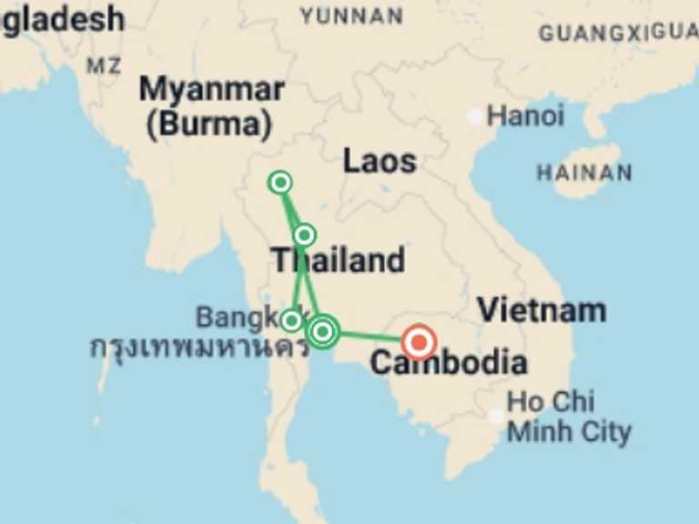 Map itinerary of Asia Tour in April 2027 with 8 destination visits for the trip: Thailand and the Temples of Angkor