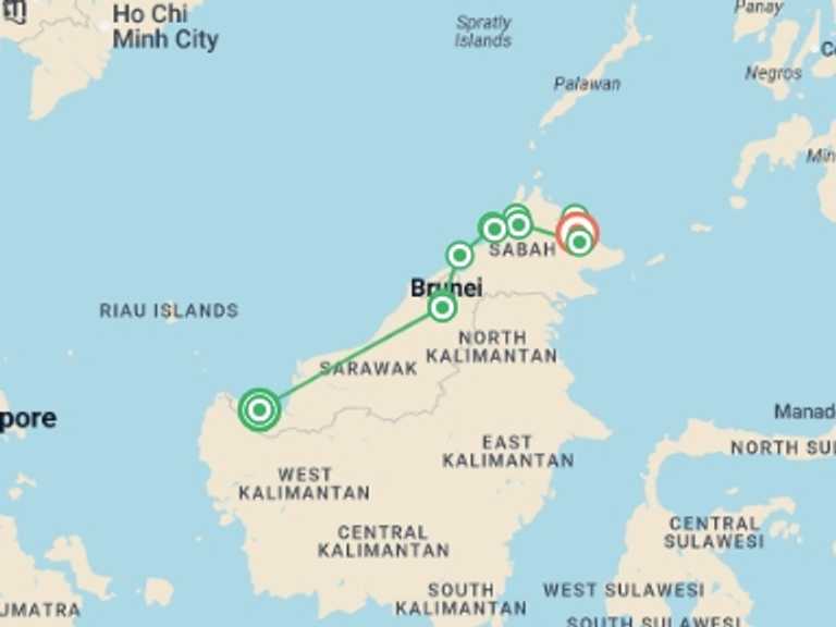 Map of a National parks Tour with 12 destination visits for the trip: Best of Borneo