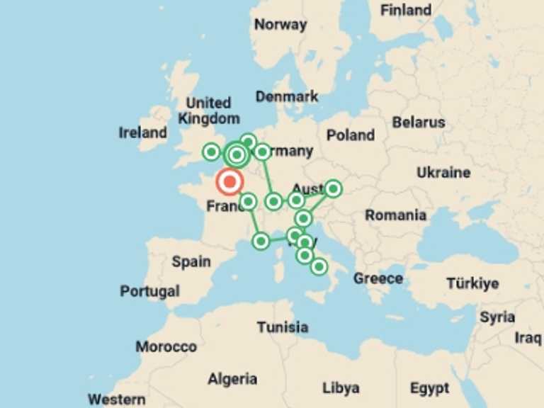 Map of Europe Cultural, religious and historic sites Tour with 15 destination visits for the trip: Grand European