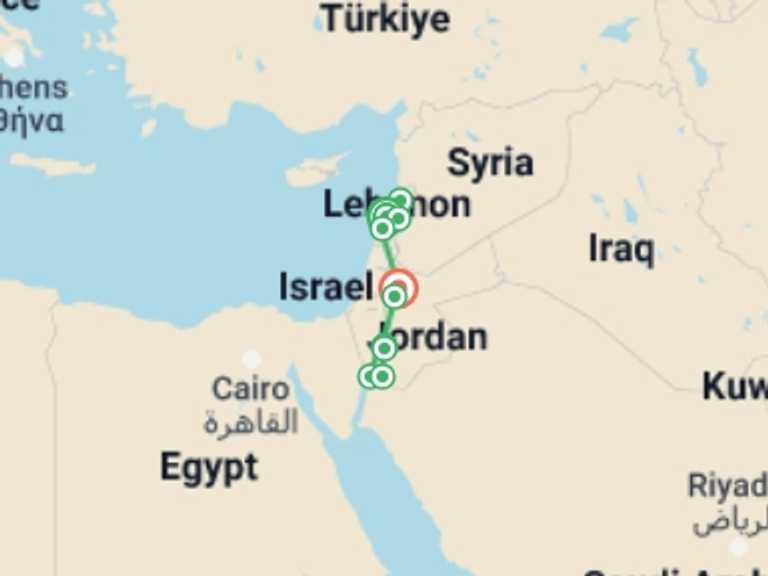 Map of 16-Day Amman Tour with 10 destination visits for the trip: Lebanon & Jordan Encounters