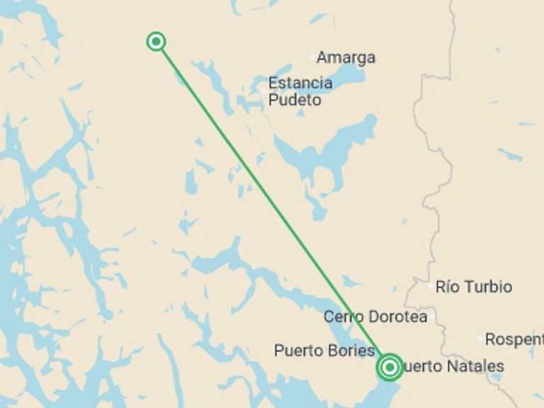 Map itinerary of Andes Tour in December 2026 with 2 destination visits for the trip: Patagonia: Torres del Paine Classic W Trek