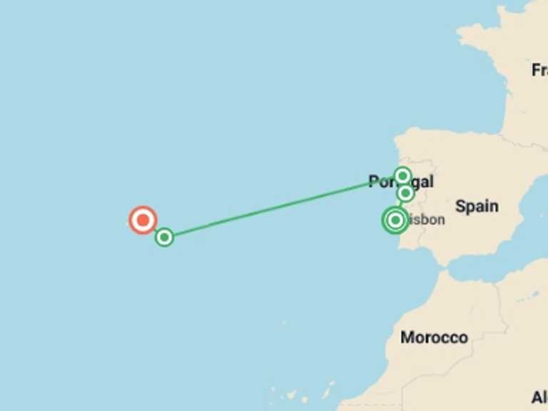 Map itinerary of Europe Tour in April 2027 with 6 destination visits for the trip: Classic Portugal: Mainland & Azores Adventure