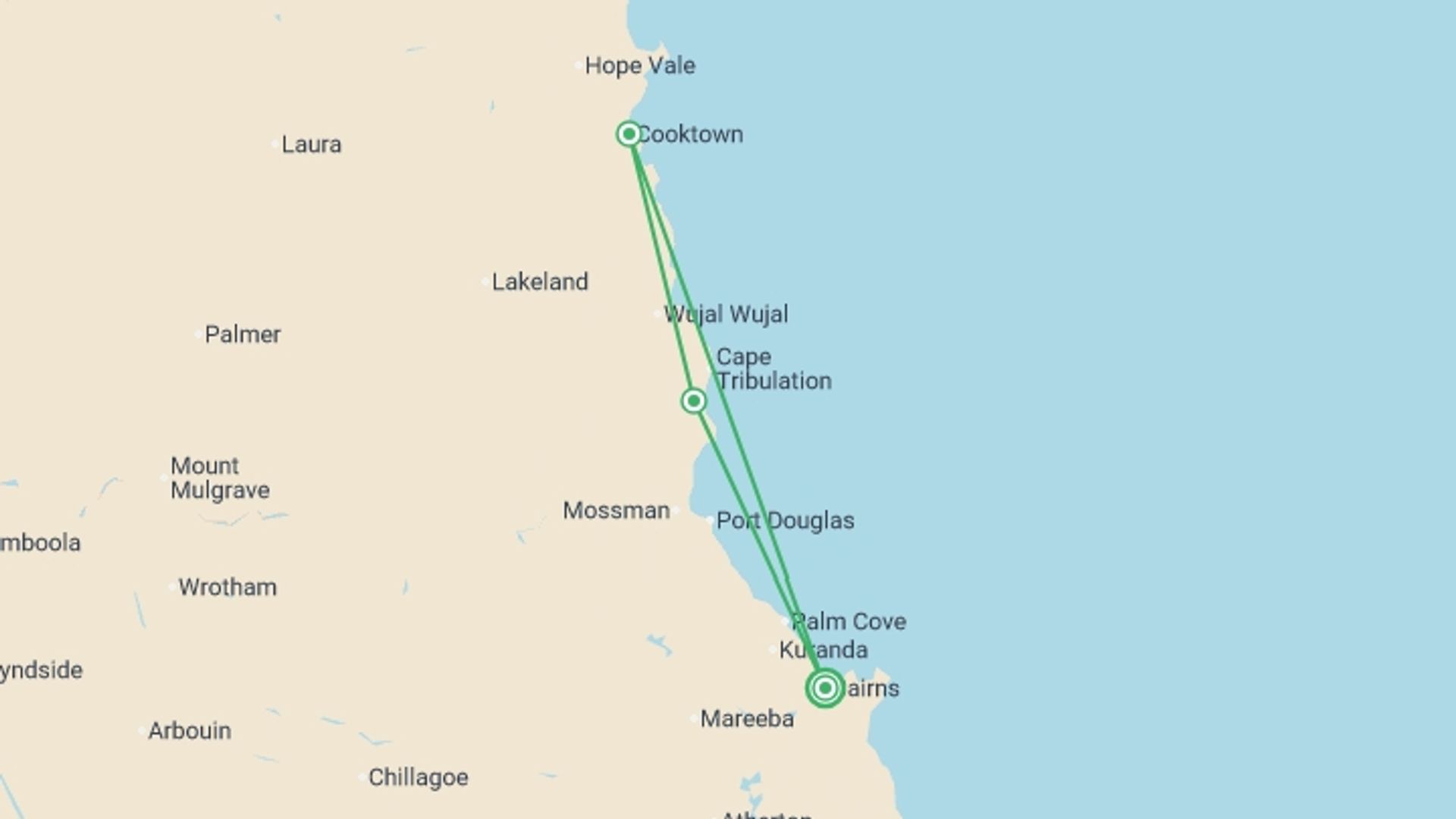 A map showing the tour itinerary for the trip: Cape Tribulation and Cooktown Wanderer, starting in Cairns, Australia and ending in Cairns, Australia going through 2 other destinations.