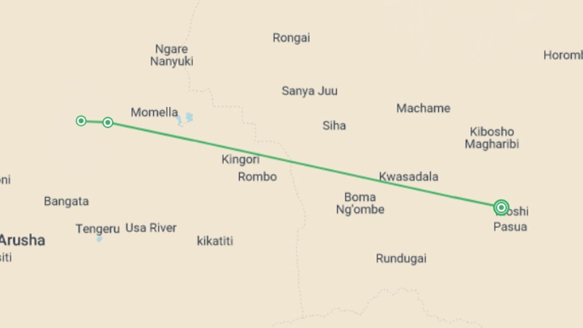 A map showing the tour itinerary for the trip: 4 Days Trekking Adventure Mount Meru, starting in Moshi, Tanzania and ending in Moshi, Tanzania going through 3 other destinations.