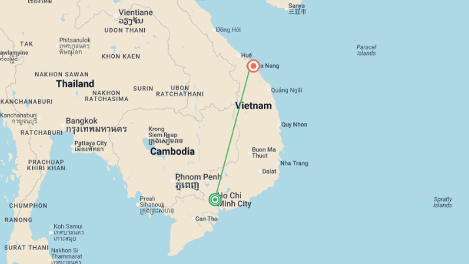A map showing the tour itinerary for the trip: Saigon, Mekong & My Khe Beach Break (Deluxe) - 9 days, starting in Ho Chi Minh City, Vietnam and ending in Da Nang, Vietnam going through 1 other destinations.