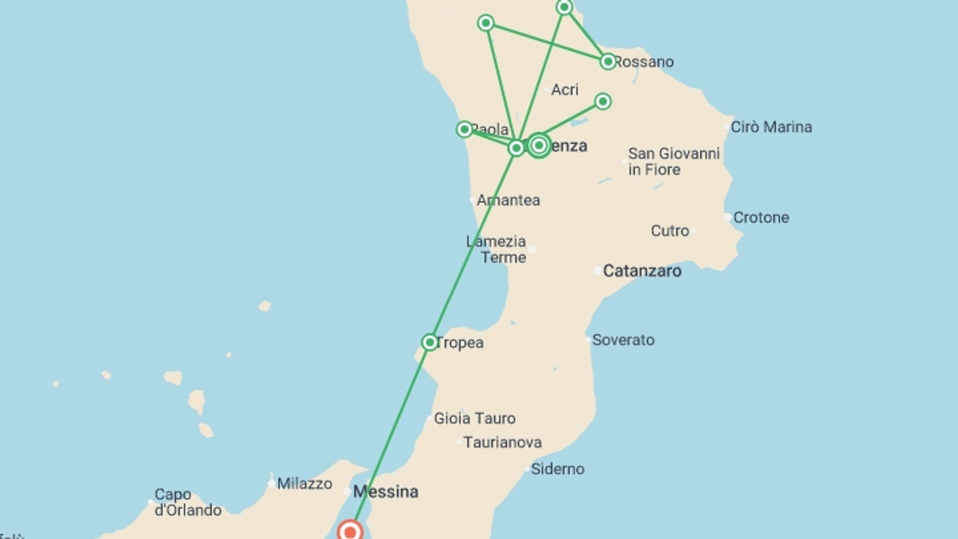 A map showing the tour itinerary for the trip: Calabria Unveiled, starting in Calabria, Italy and ending in Reggio Calabria, Italy going through 2 other destinations.