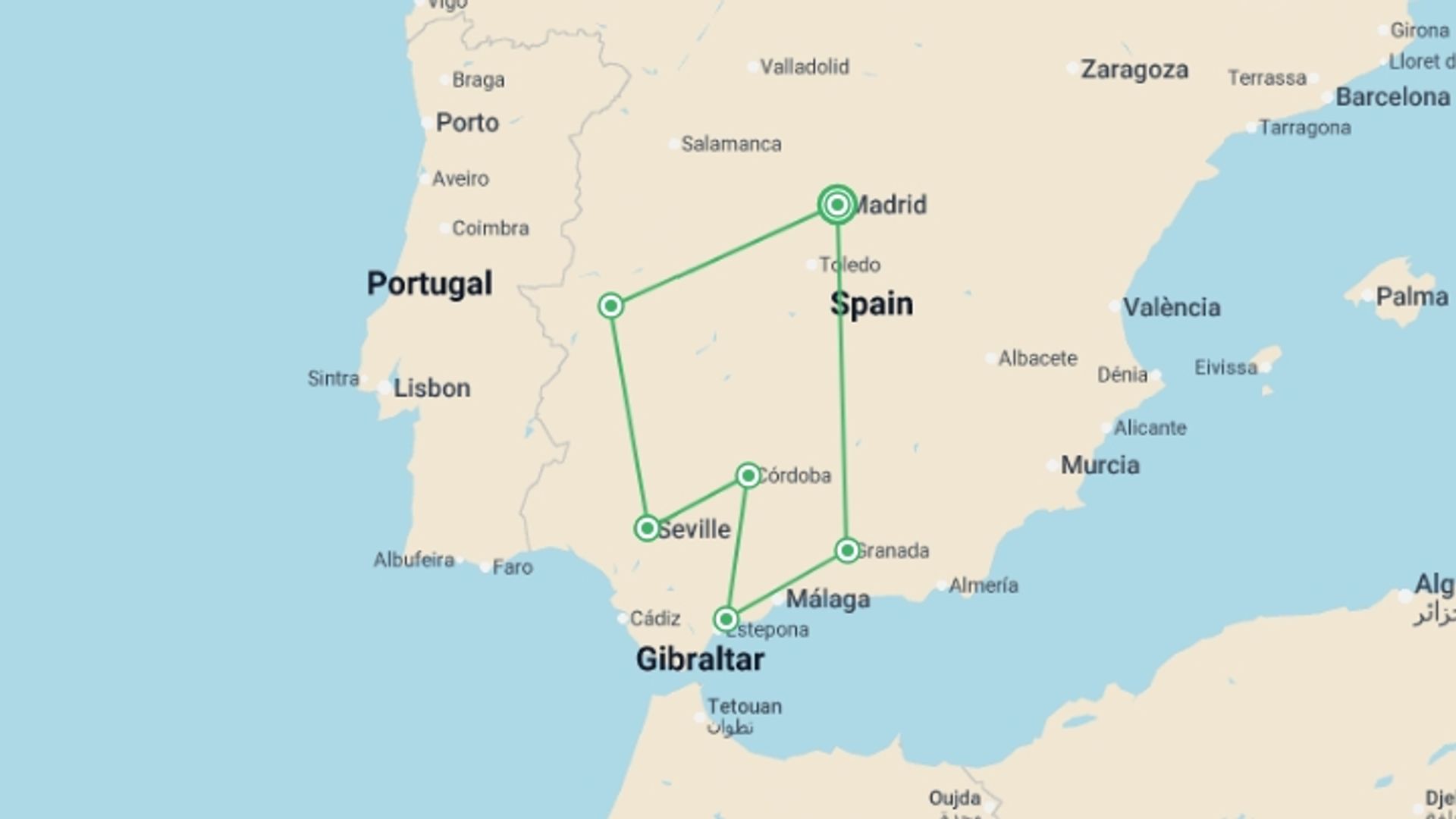 A map showing the tour itinerary for the trip: Andalucia Uncovered - 6 days, starting in Madrid, Spain and ending in Madrid, Spain going through 4 other destinations.