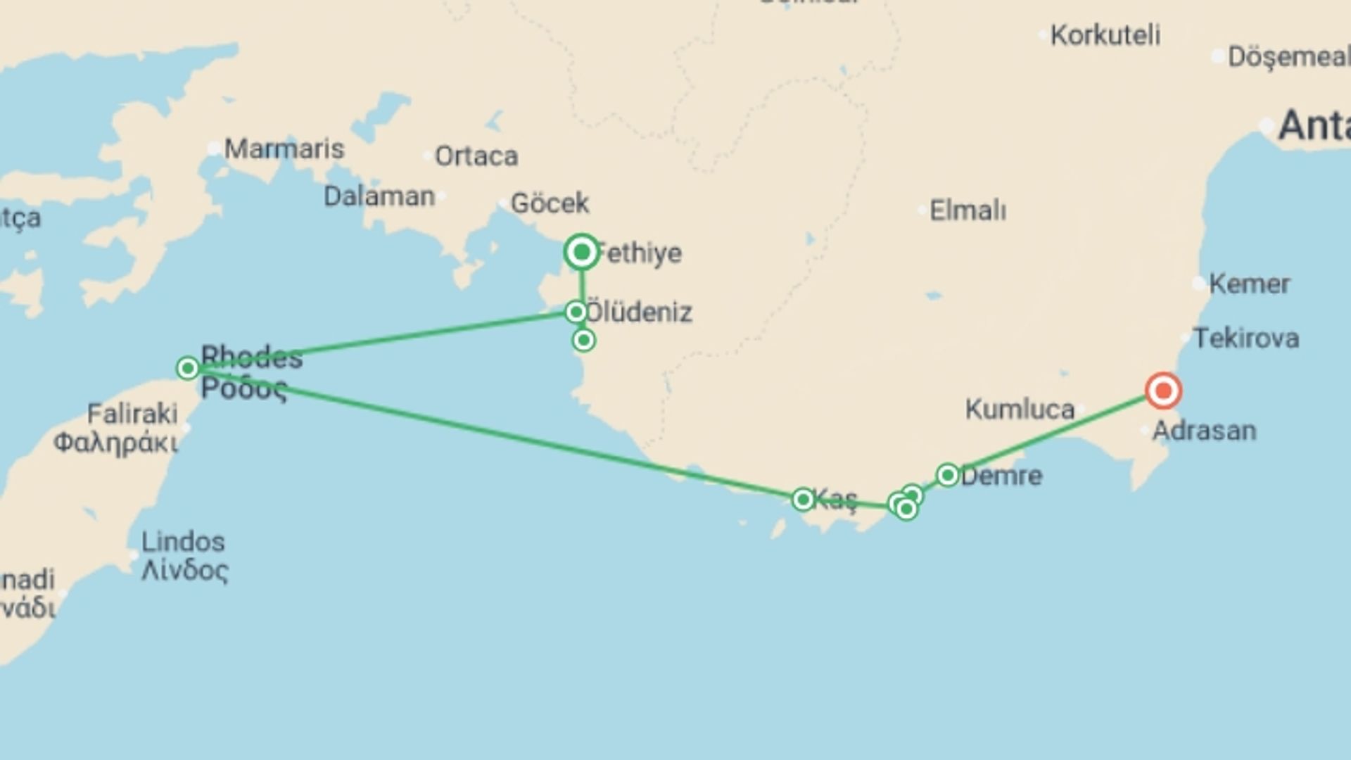 A map showing the tour itinerary for the trip: Fethiye to Olympos Sailing Adventure - 4 days, starting in Fethiye, Turkey and ending in Olympos, Turkey going through 5 other destinations.