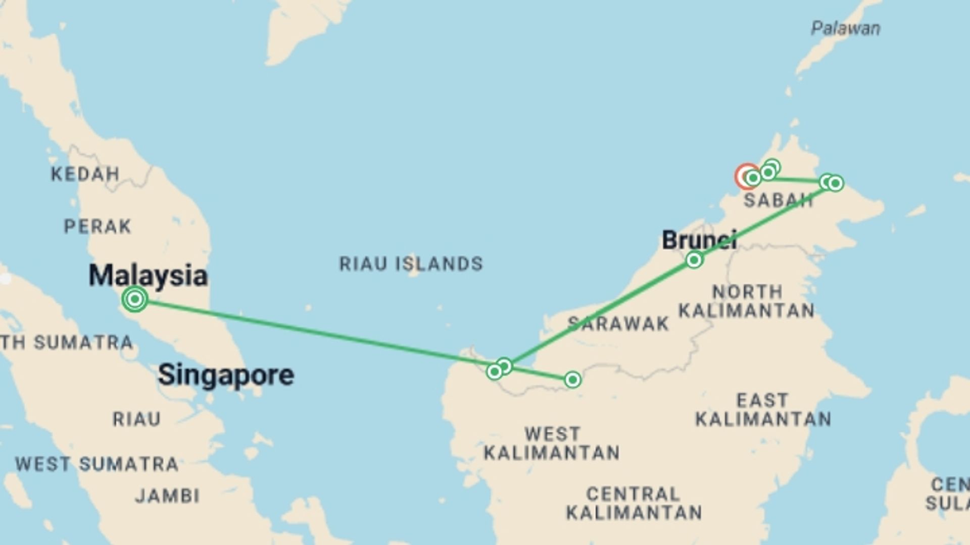 A map showing the tour itinerary for the trip: In-depth Borneo & Malaysia Tour, starting in Kuala Lumpur, Malaysia and ending in Kota Kinabalu, Malaysia going through 7 other destinations.