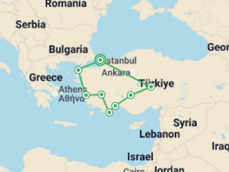 Map of Europe Tour with 7 destination visits for the trip: Christmas Turkey - 12 days