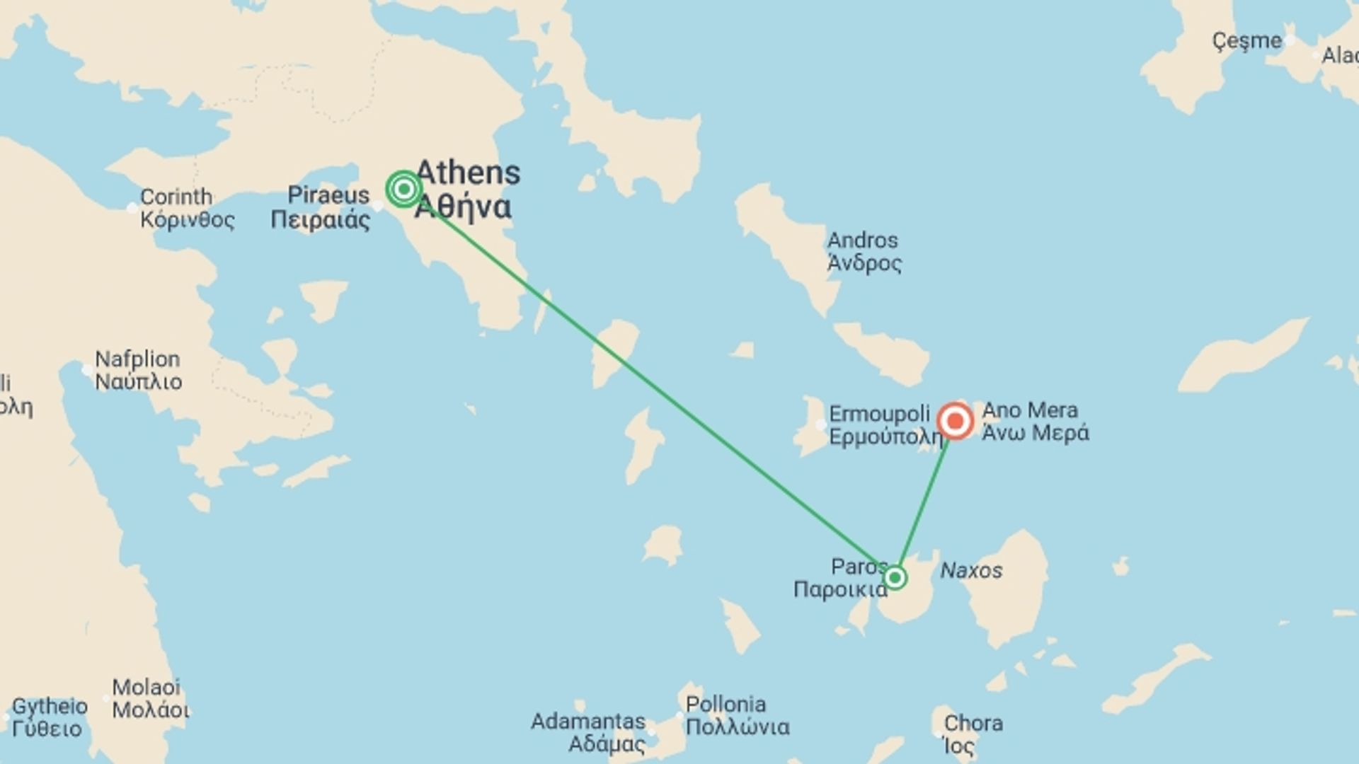 A map showing the tour itinerary for the trip: Athens, Paros & Mykonos - 7 days, starting in Athens, Greece and ending in Mykonos, Greece going through 1 other destinations.